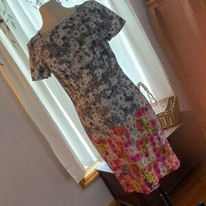 Talbots Gray Floral Midi Dress with Pink and Yellow Hem